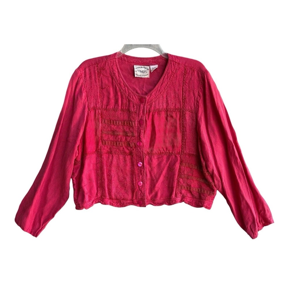 Vintage Country Wear Shacket Women XL Pink Embroidered Patchwork Shirt Jacket